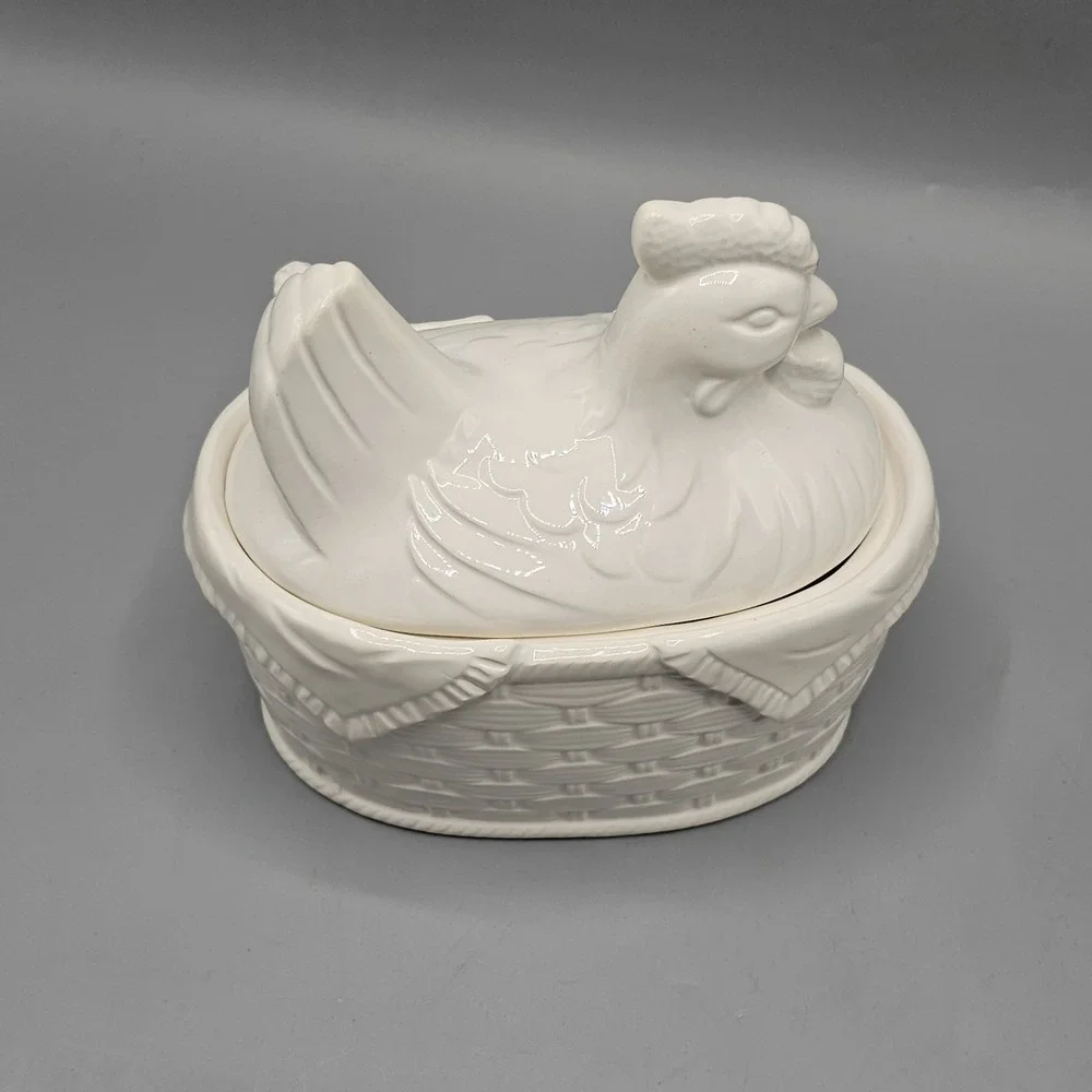 Vintage Ceramic Hen on Nest Covered Gravy Boat Bowl W/ Spoon Cottage Grandmacore
